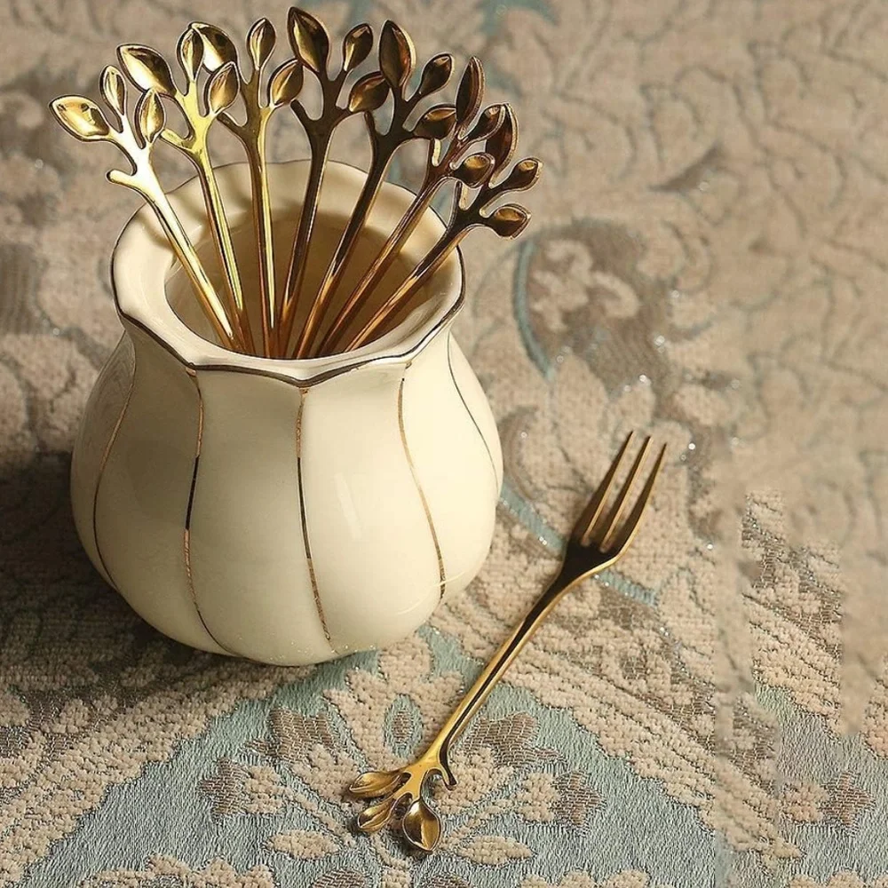 10 Pcs Stainless Steel Gold Leaf Appetizer Cake Forks Set 4.7 Inches